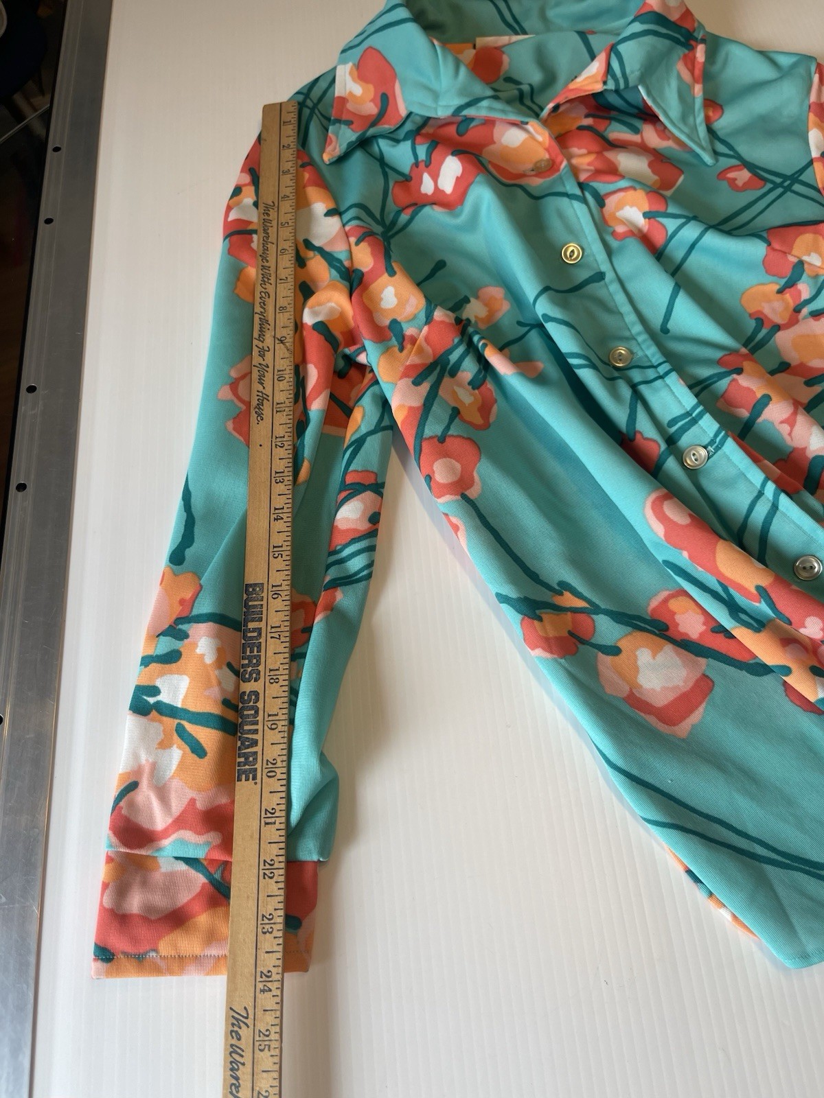 Vintage 1970s Groovy Loud Button Up Shirt Size Large Teal Blue Floral