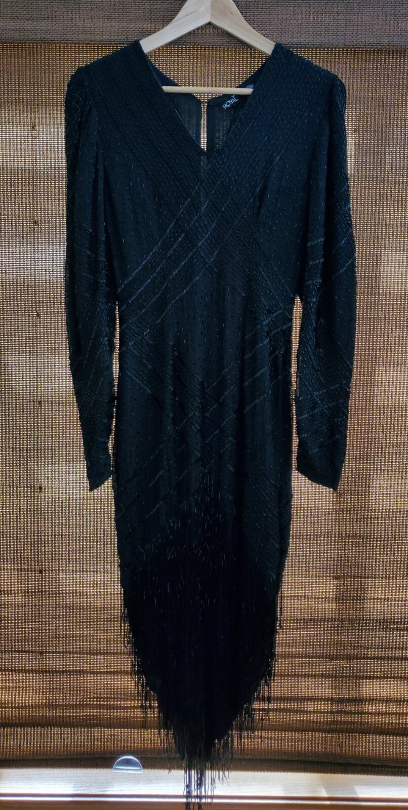 Vintage ROYAL 100% Silk Beaded Dress Black Long Sleeve Flapper Style Lined