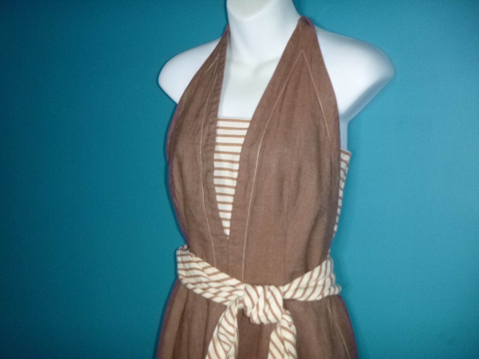 Vtg 60s junior House Brown Denim Halter Dress W/ Striped Top & Sash Sz S