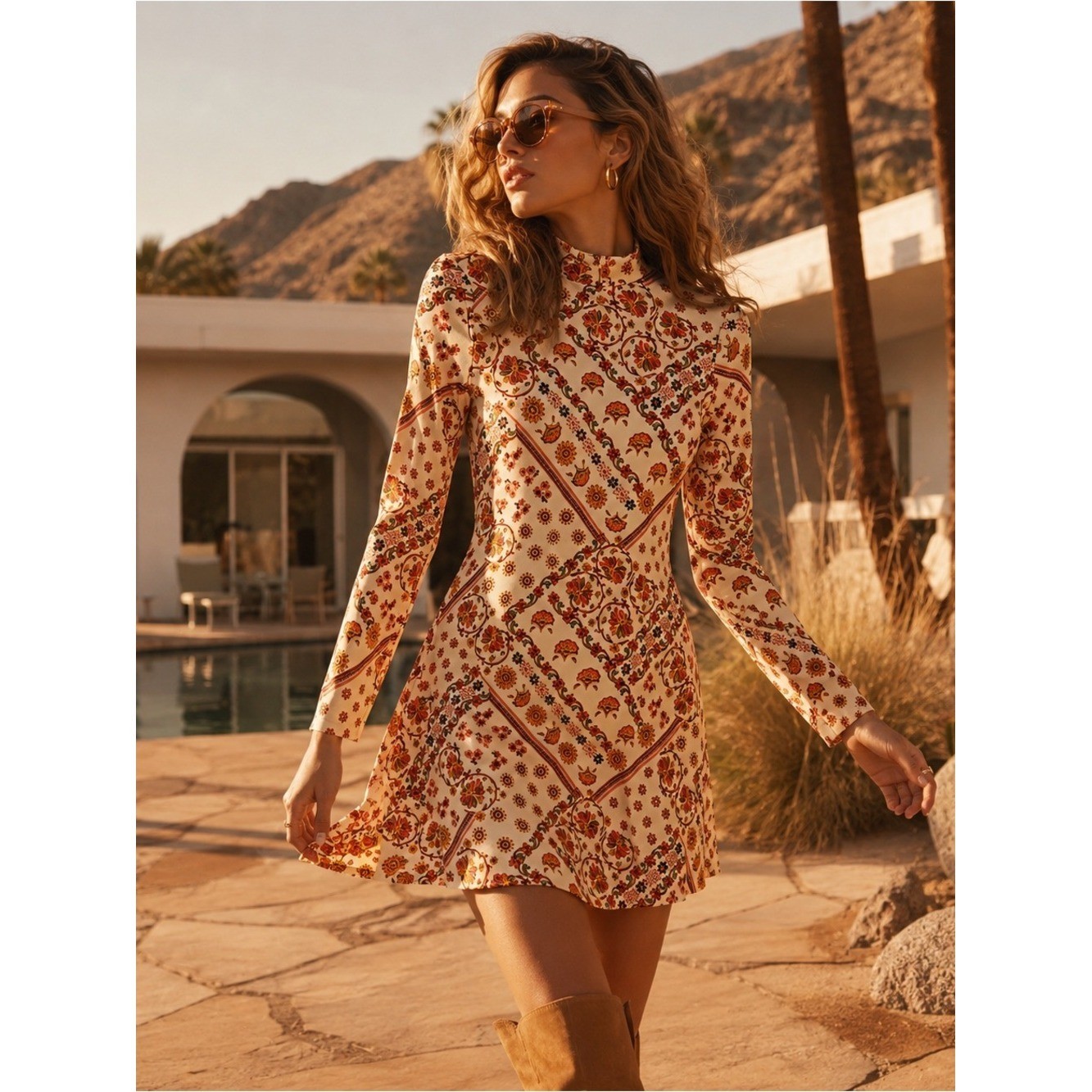 Altar’d State Retro Floral Mock Neck Mini Dress XS 70s Boho Western