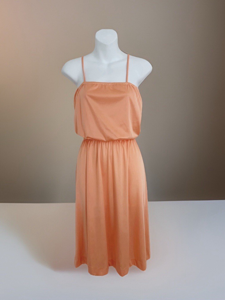 Vintage 1970s Dress XS Orange Sleeveless Elastic Waist Spaghetti Straps Sun
