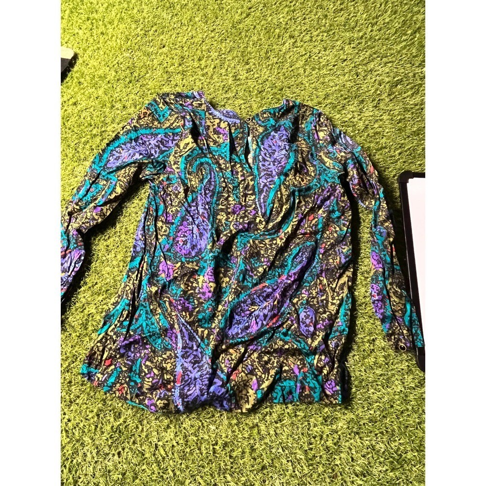 Abiana Vintage 100% Silk Abstract Paisley Blouse Purple Teal Green Size 38