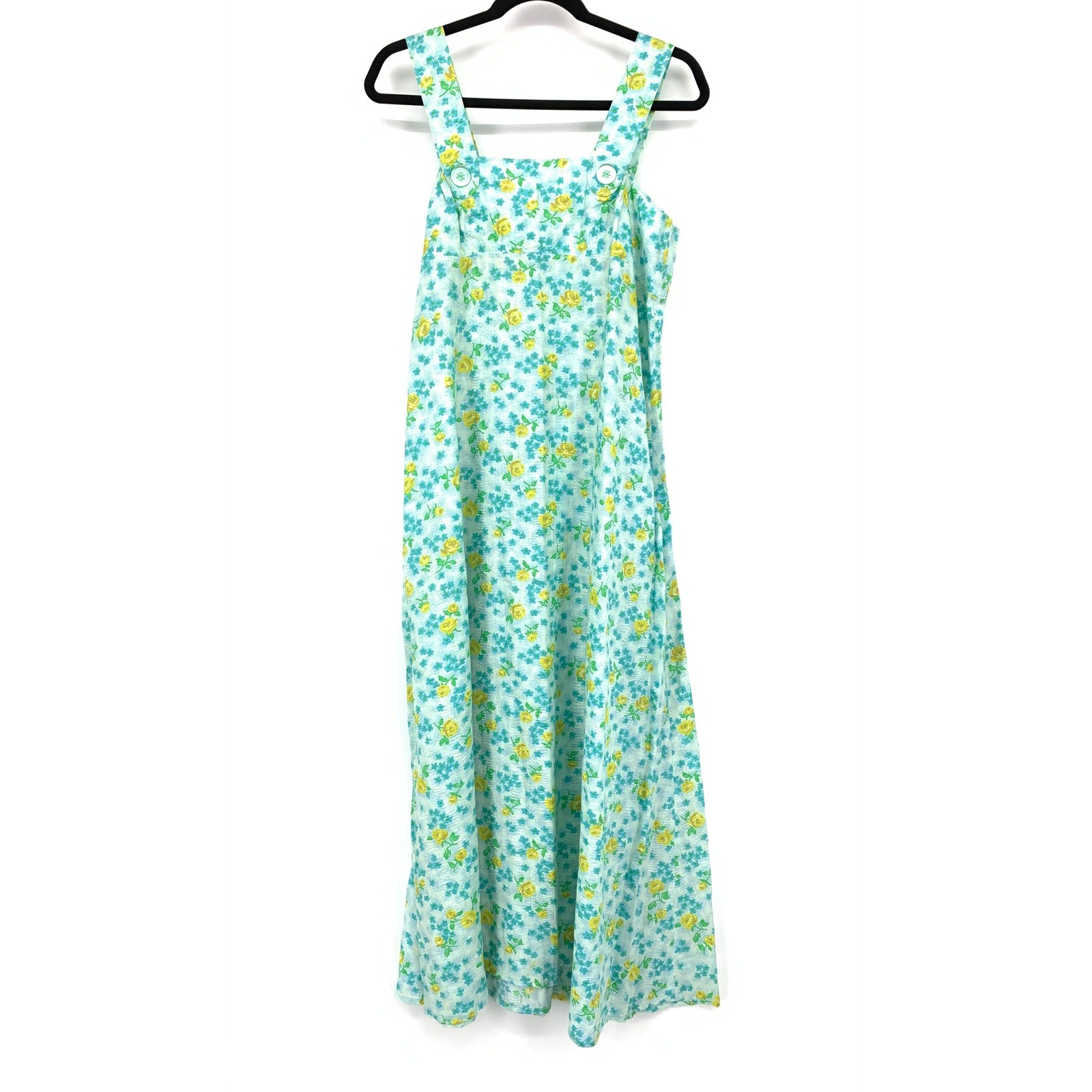 Vintage 70s A-Line Sleeveless Maxi Dress Apx Womens Size L Blue Yellow Floral