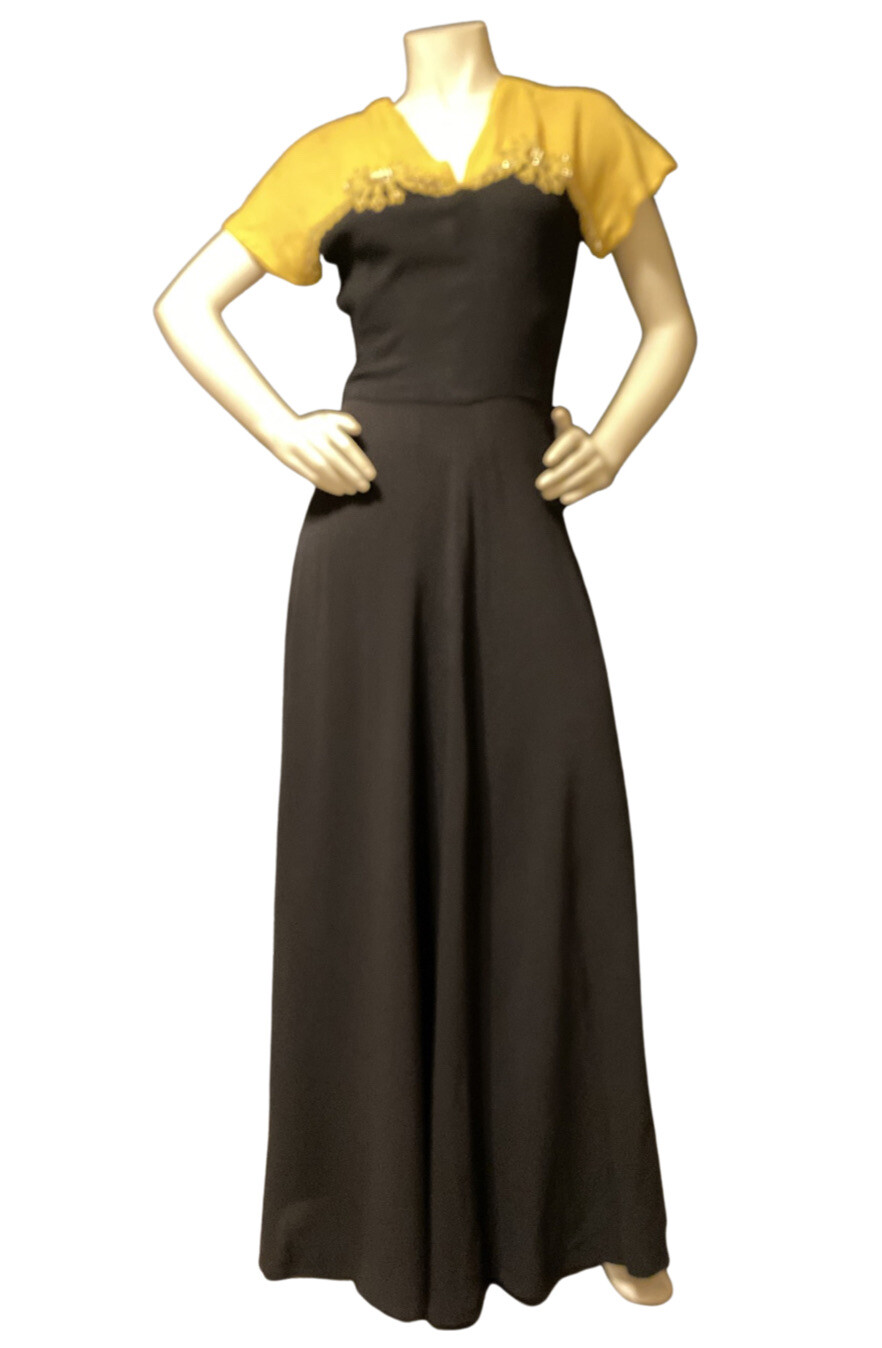 1940s Antique Black DRESS Mustard Gold Vintage Gown DECO VTG Maxi Sequins
