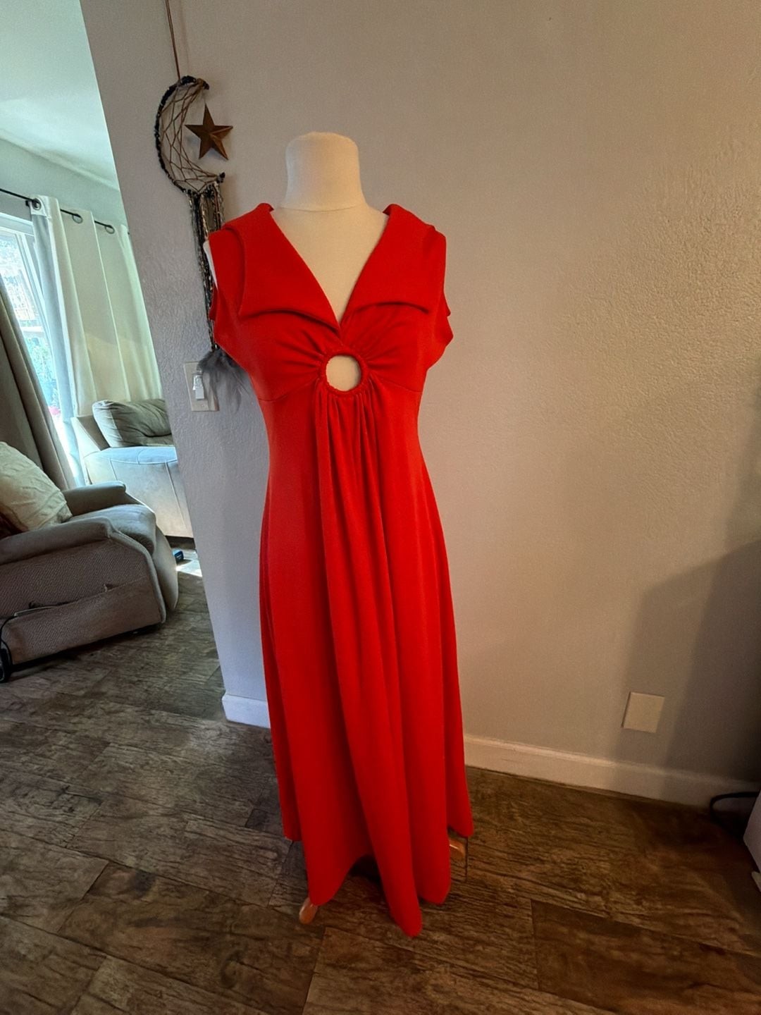 Vintage 1970s Red Sleeveless O-Ring Maxi Dress