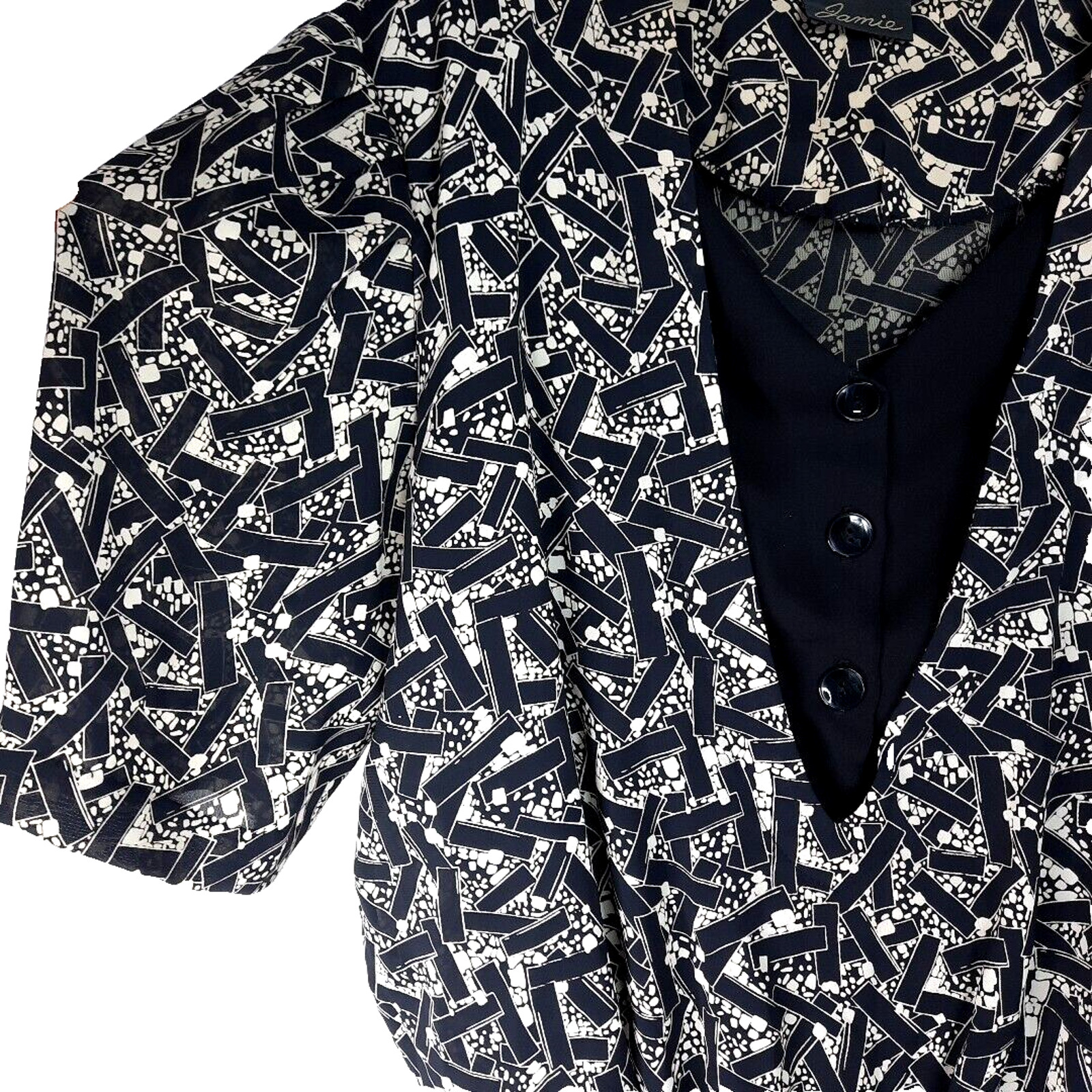 Vintage 70s Jamie Sheer Pleated Button Up Dress Large Black Geometric Goth