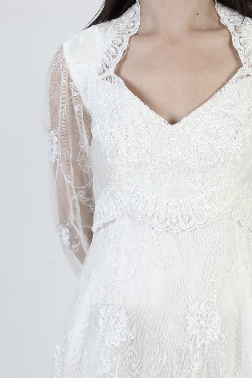 Vtg White Embroidered Wedding Dress Sheer Lace Victorian Bridal Asym Gown Train