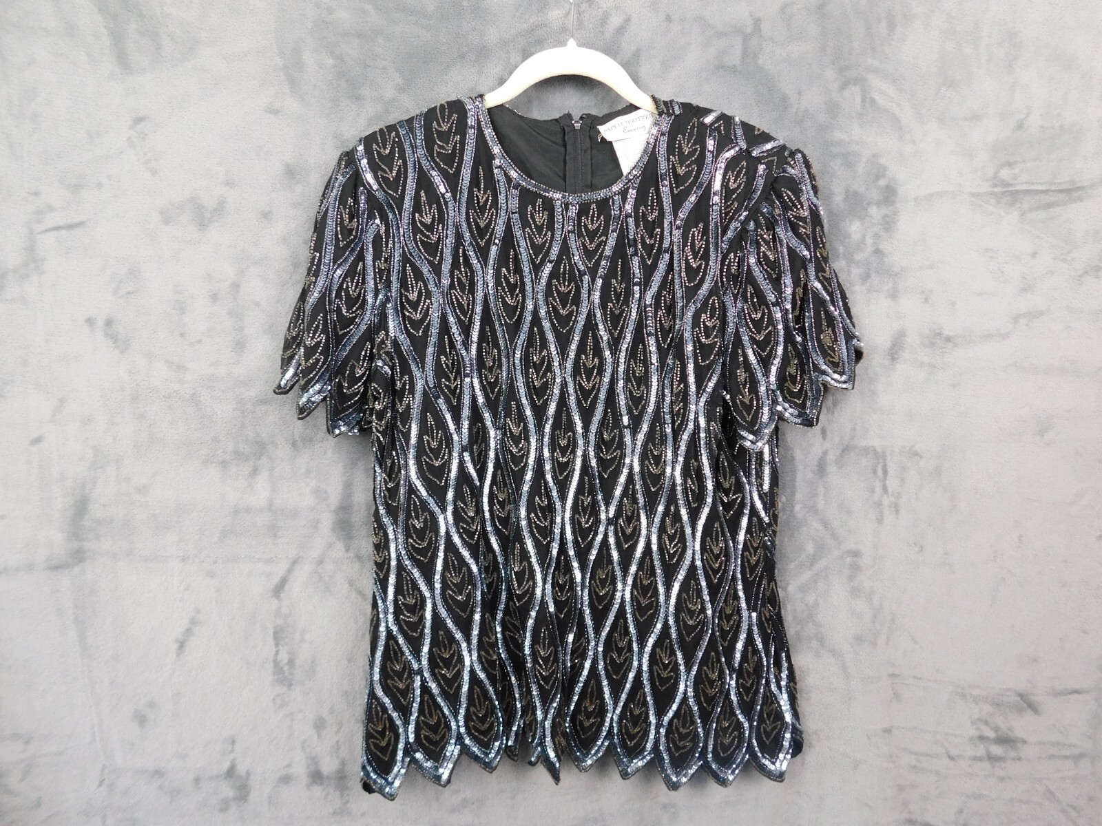 Vintage Adrianna Papell Blouse Womens XL Beaded Silk Sequin Top Evening Black