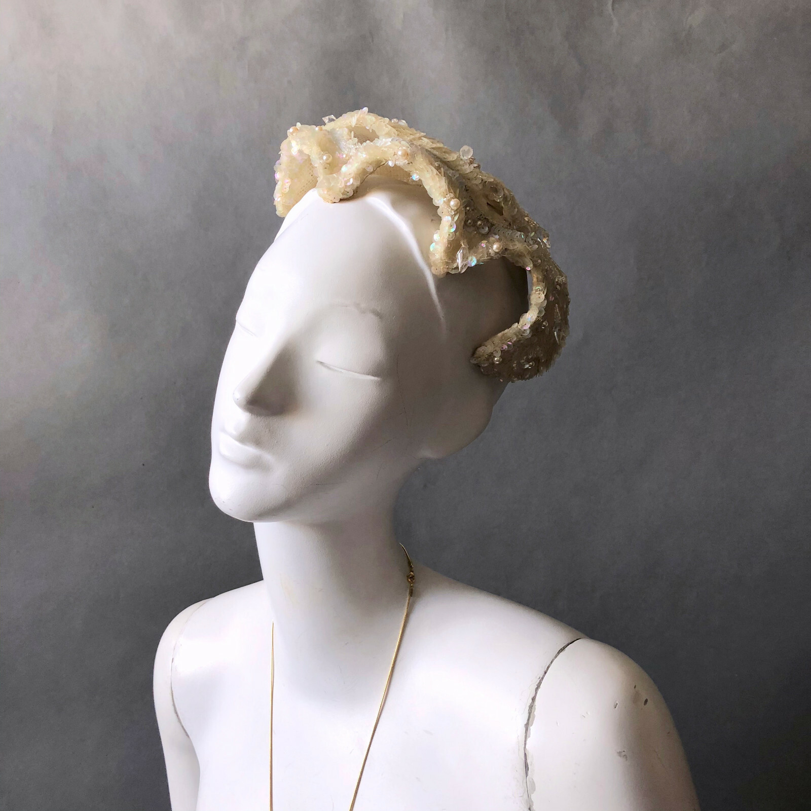 Vintage 1950s Angelic Sequin Beaded Wedding Headpiece Gatsby Downton Deco Vibe
