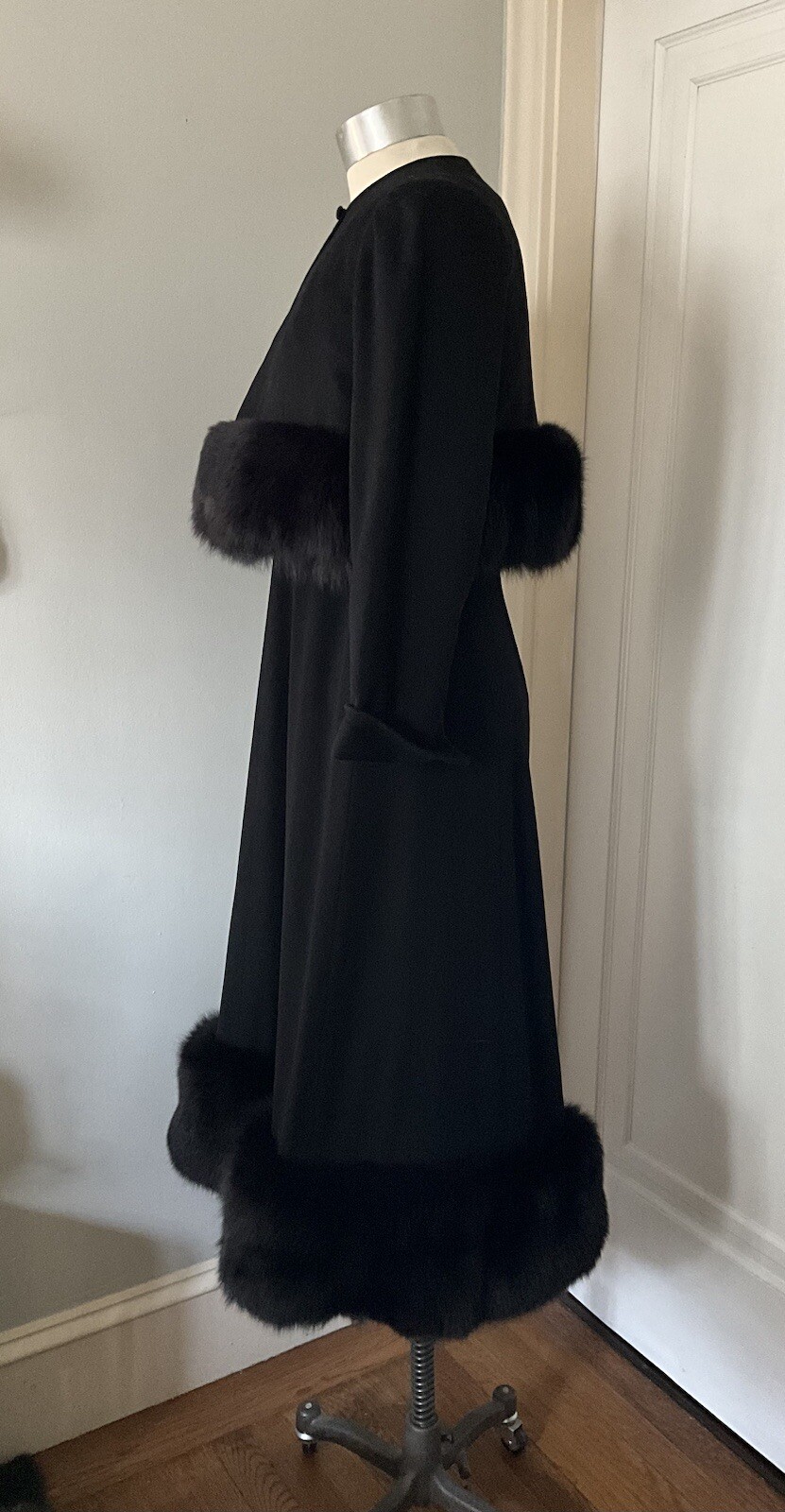 Vintage c.1965 Pauline Trigere Black Wool Dress and Bolero with Fox Fur