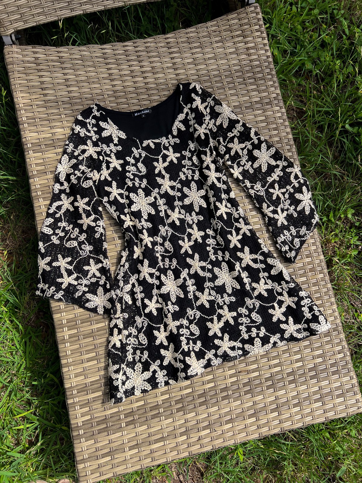 70s Inspired Flower Power Crochet Mini Fit-and-Flare Dress with Bell Sleeves