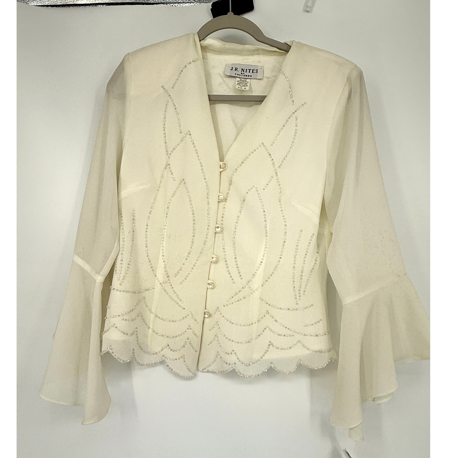 Y2K J.R. Nites Sheer Beaded Button Up Bell Sleeve Fairy Goth Boho Top Size 10