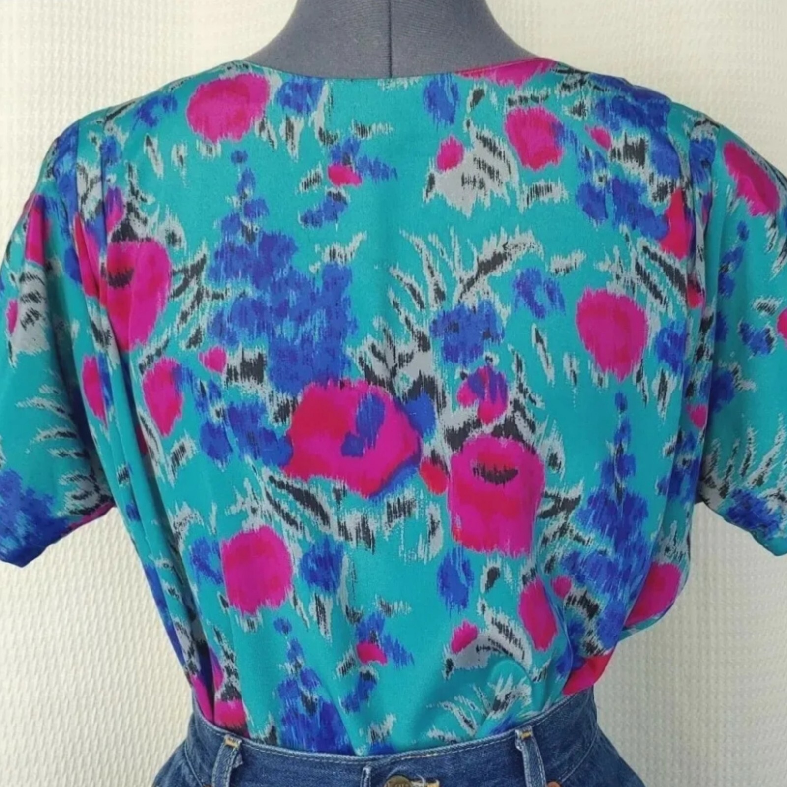Vintage Worthington Teal Blouse w Purple/Blue/Black/Grey Watercolor Floral Sz 12