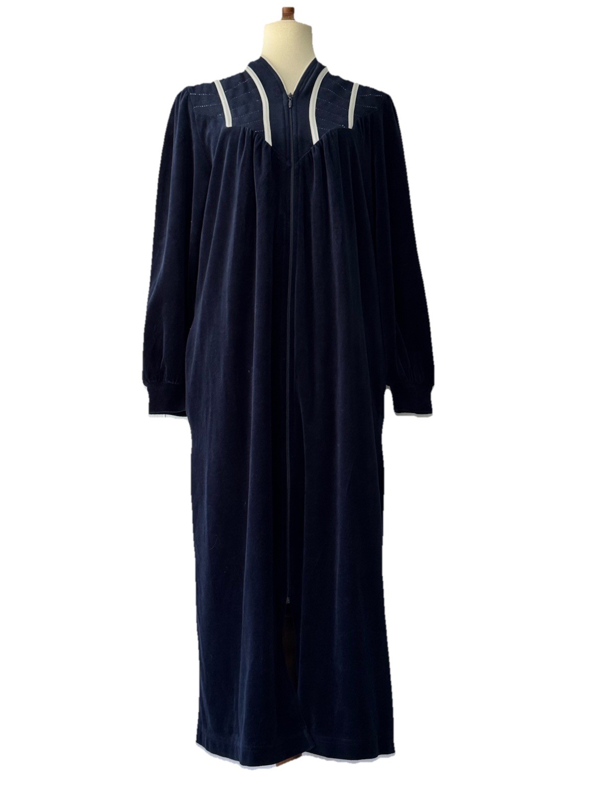 Miss Ulrike VTG Velour Robe Housecoat ZipUp Navy Blue Cotton Blend Germany Sz M