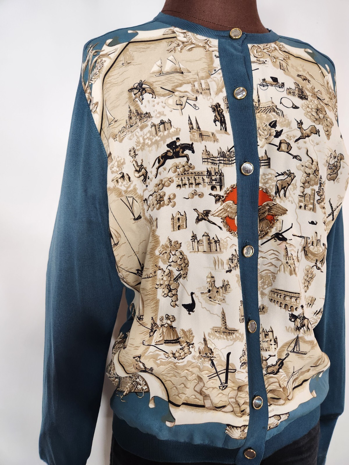 Hermes Paris Silk Panel Cardigan Button Up Sz 40 Turquoise Blue Print Vintage