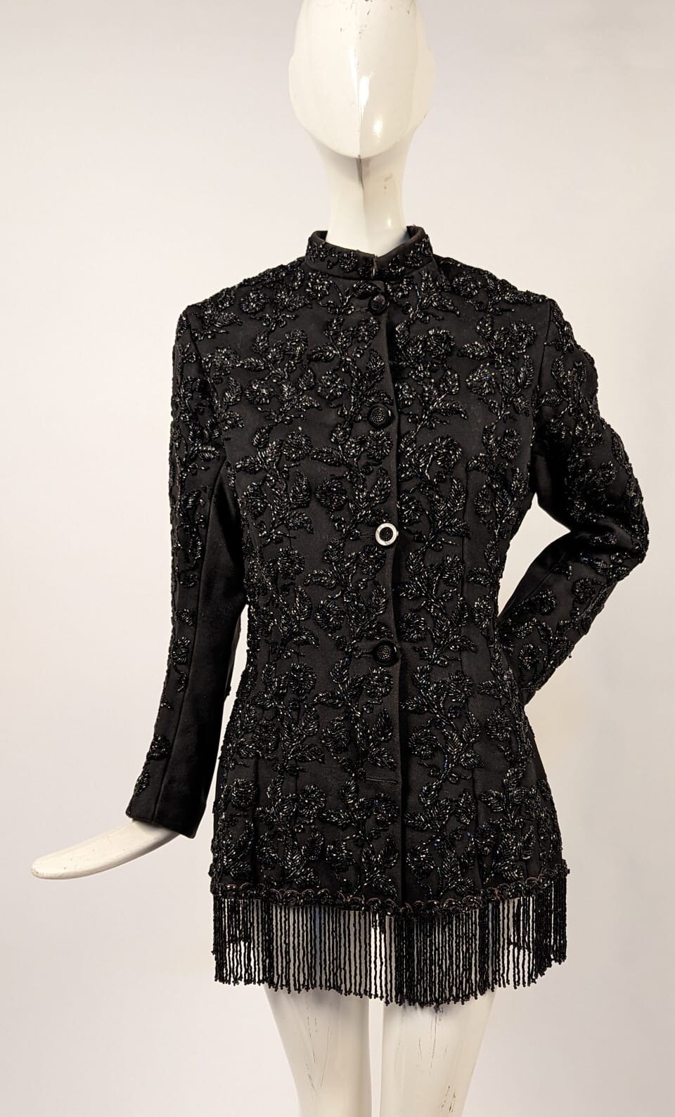 VICTORIAN 1880’S VERY HEAVY WOOL BUSTLE JACKET W FLORAL JET BEAD + FRINGE