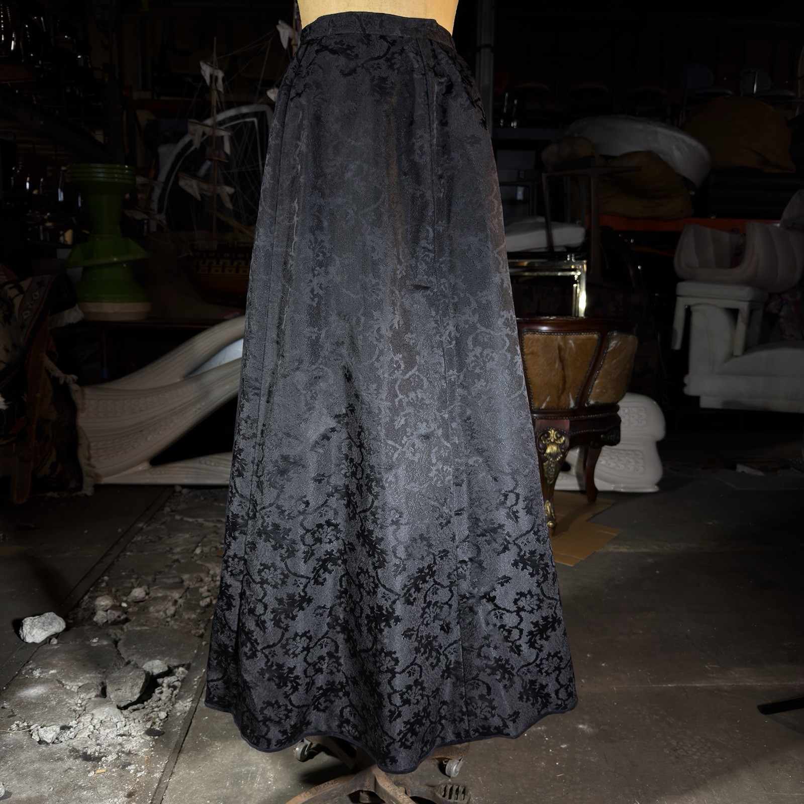 VTG Antique 1880/1890 Black Satin Floral Jacquard Skirt Upcycle Goth Steampunk