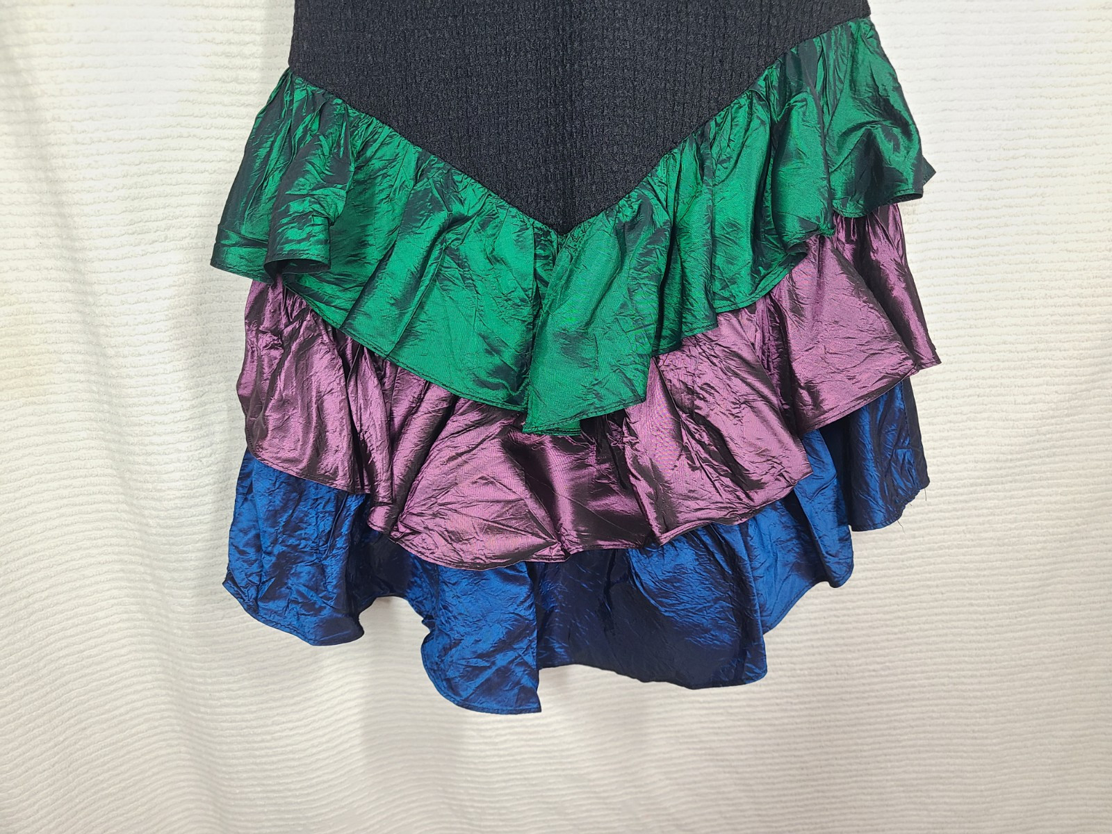 90s Metallic Party Dress L Tiered Lame Skirt Stretch Knit Low Back Steppin Out
