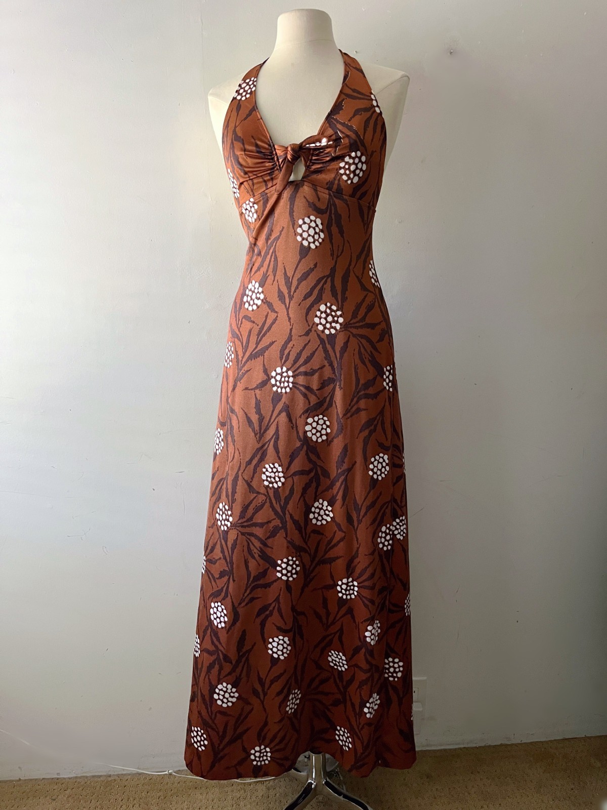 Vintage 70s Copper Rust Floral Halter Maxi Dress Boho Small Medium
