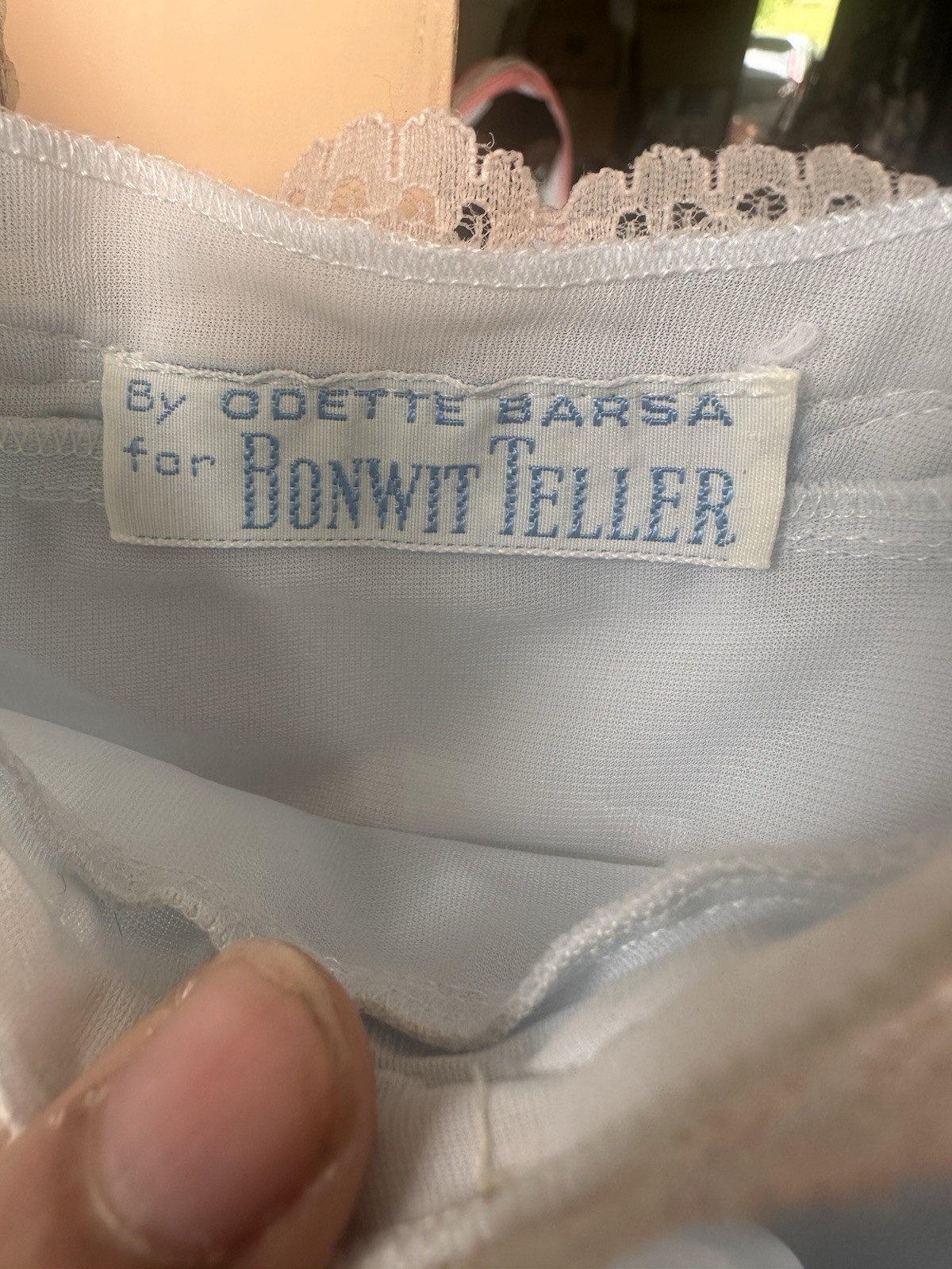 Vintage Odette Barsa for Bonwit Teller Blue Nylon Nightgown Lace Ruffle Bow USA