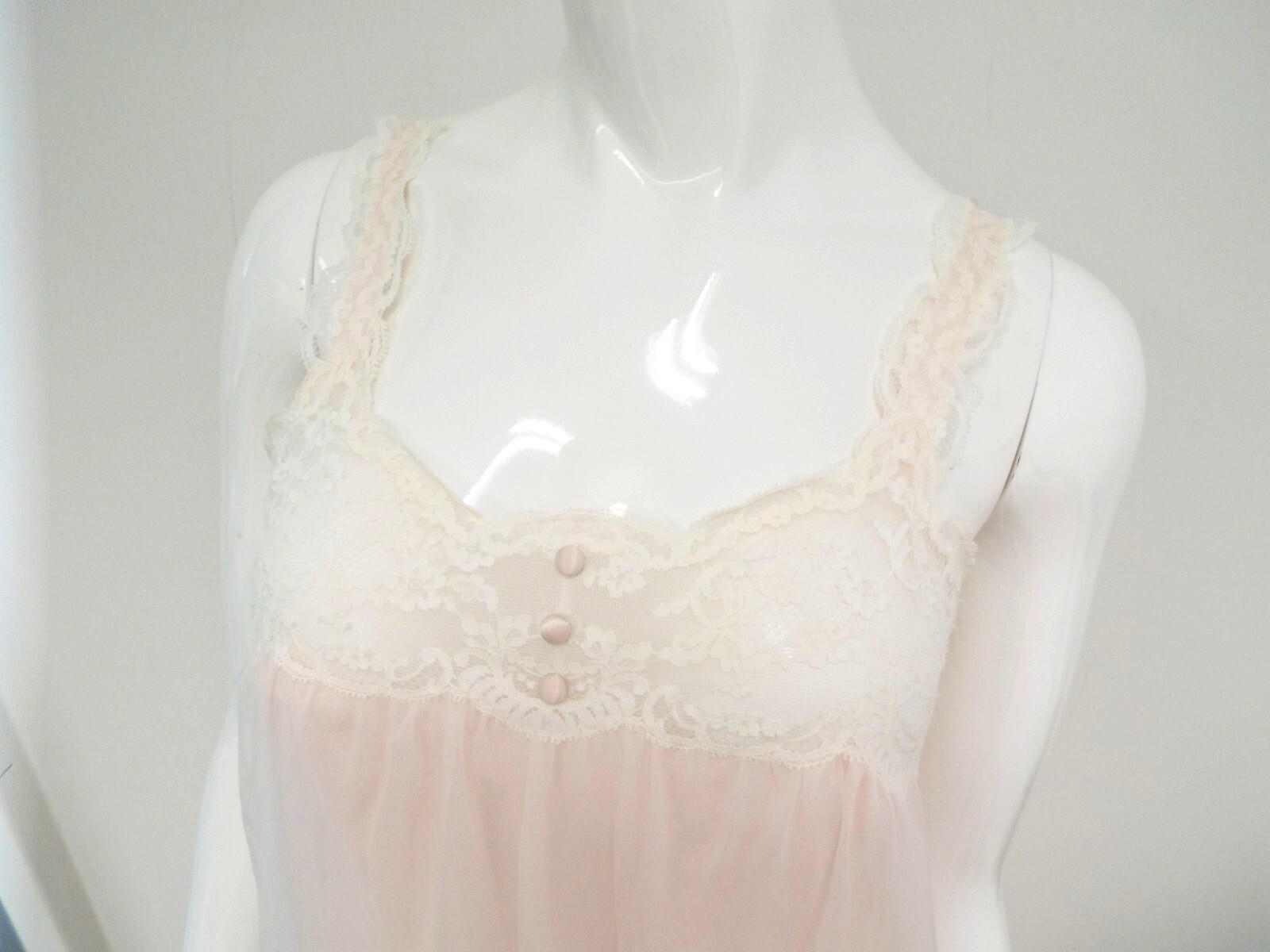 Vintage Warner Laros Nylon Double Layer Pink Sheer Night Gown 32 Bra Top Lace