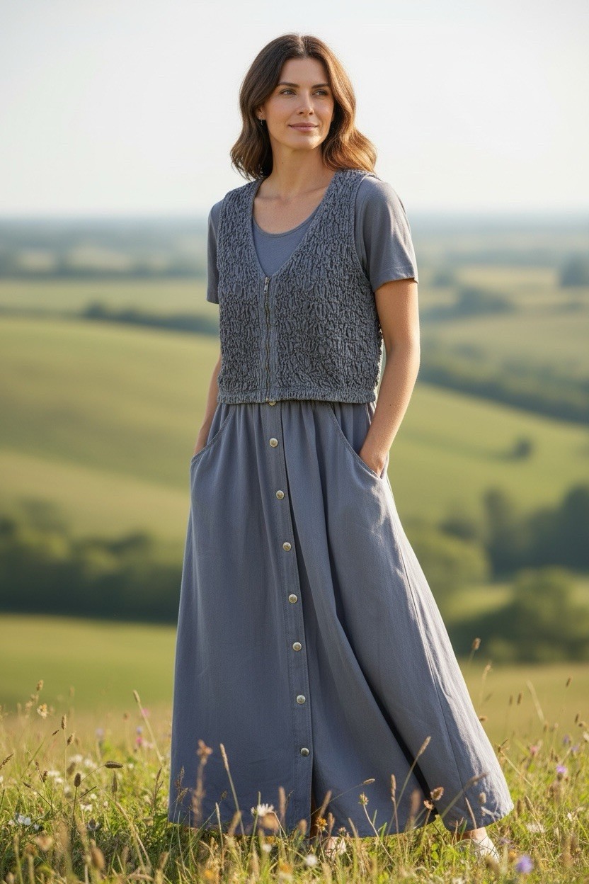 VINTAGE NINA PICCALINO DENIM COTTON SIZE 6 WITH CRINKLE STRETCH VEST MIDI DRESS