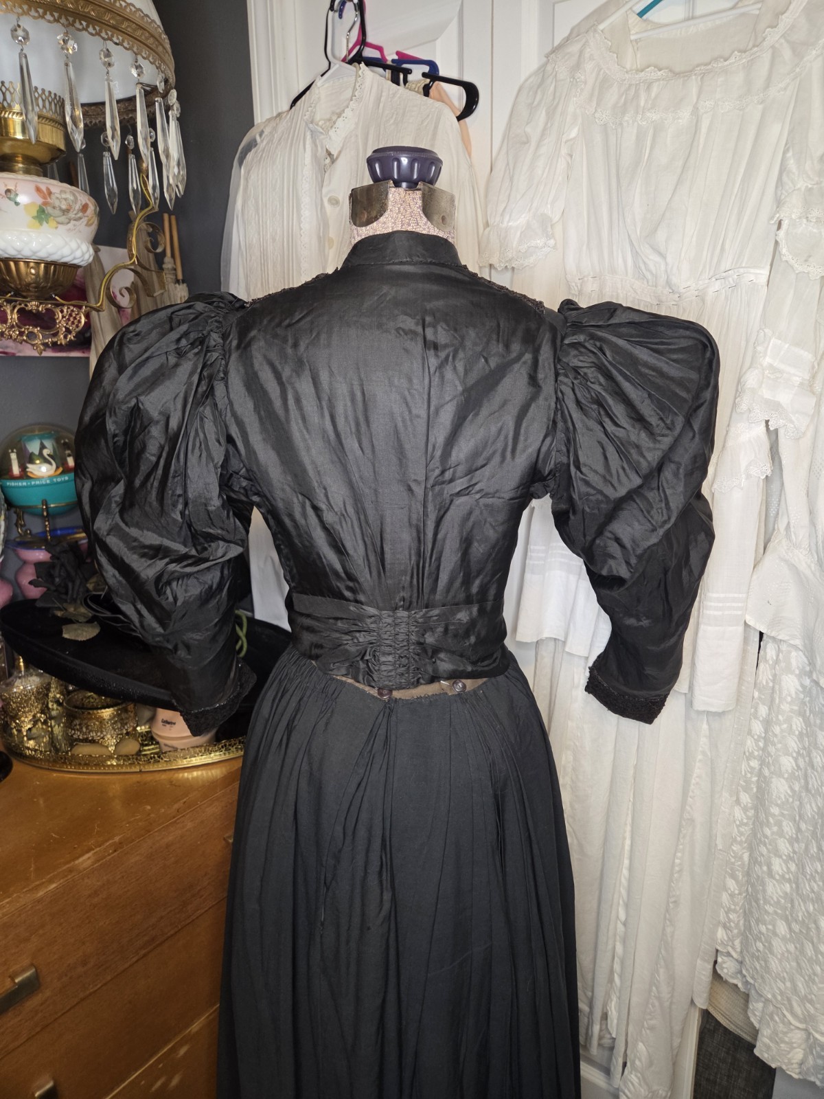 Black Victorian Silk Leg Of Mutton Sleeved Bodice With Lace & Glass Buttons READ