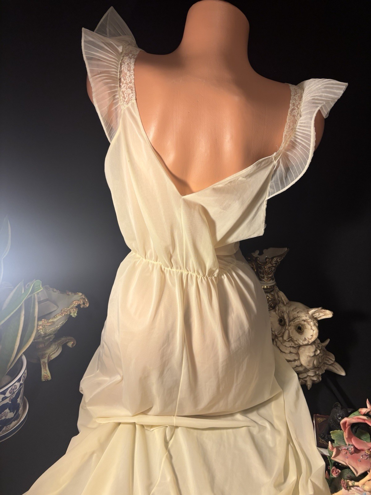 Vtg Silky Sheer Soft Nylon Nightie Yellow Gown w Crystal Pleat Bodice Nightgown