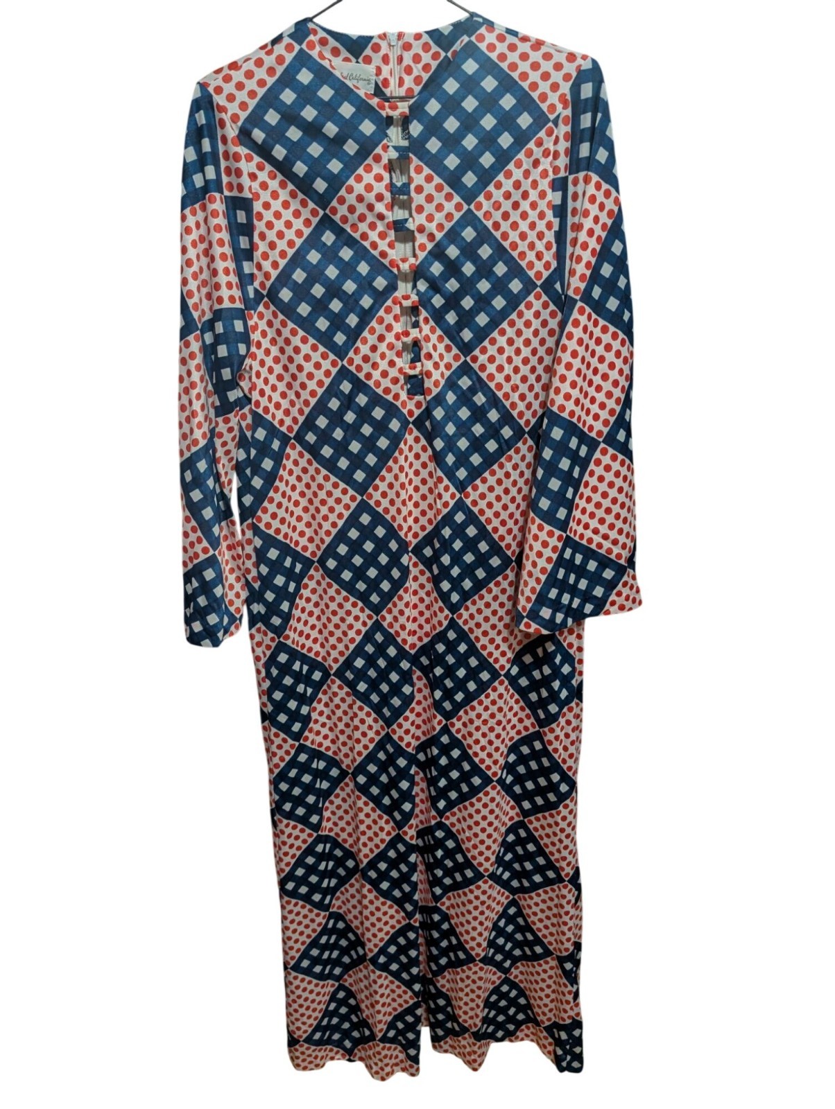 VTG 70s Cole Of California Nylon Maxi Dress w/ Bell Sleeves Polka Dot sz M