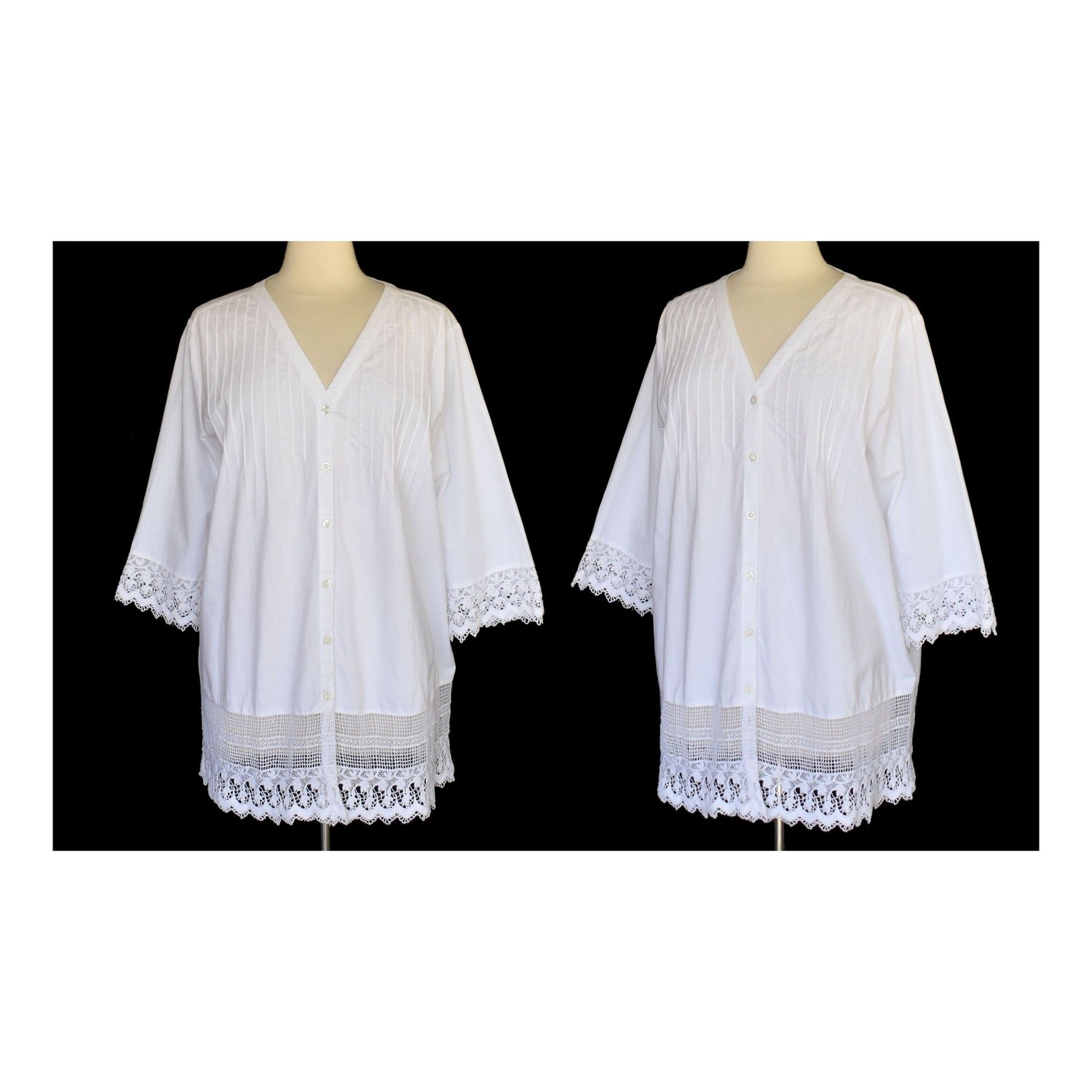 Vintage Y2K Ulla Popken Blouse, White Cotton with Lace Pintuck Tunic Top, L, XL