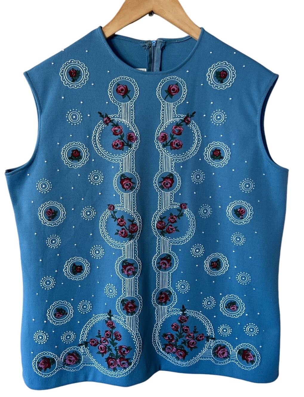 Vintage 70s Blue Floral Sleeveless Blouse Size 38 Made In USA Granicore