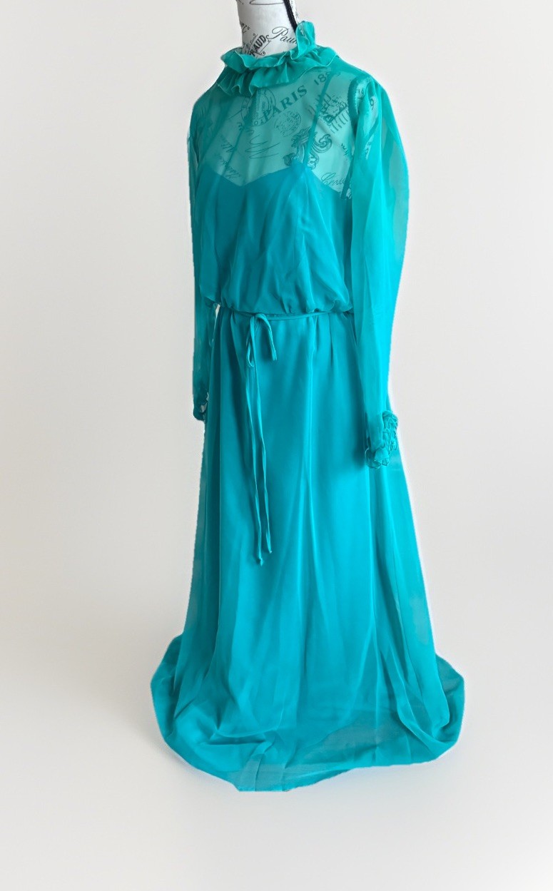 Vintage 70s House Of Bianchi Sheer Chiffon Edwardian Prairie Cottage Maxi Dress