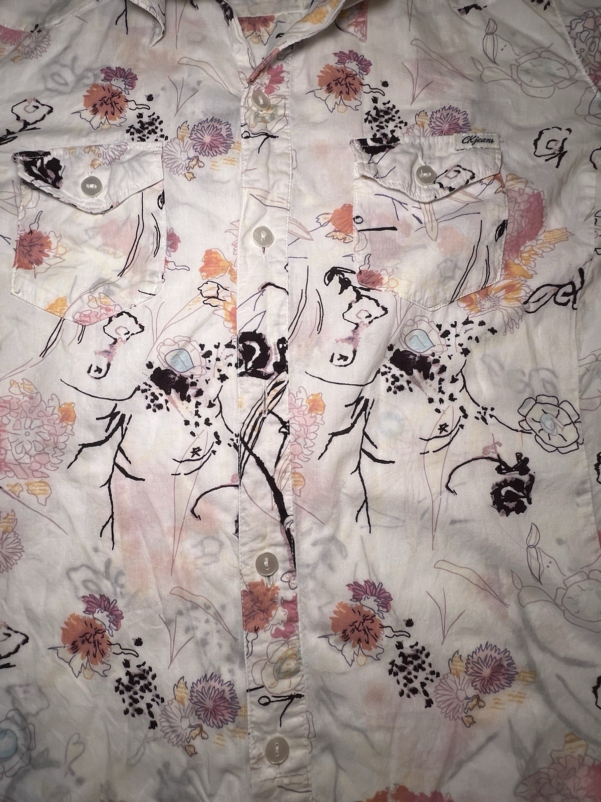 Vintage Calvin Klein Y2K Floral Button Shirt M 100% Cotton Hong Kong Western