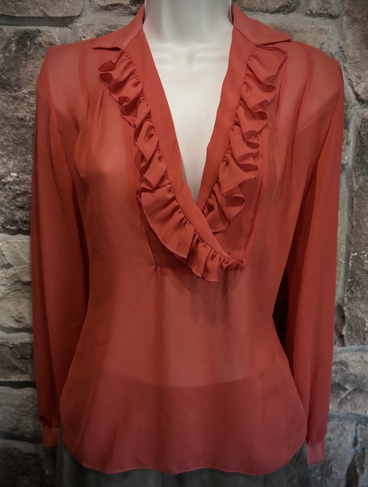Vintage 70’s Marie Claire Of California Sheer Ruffle Neck Red Blouse
