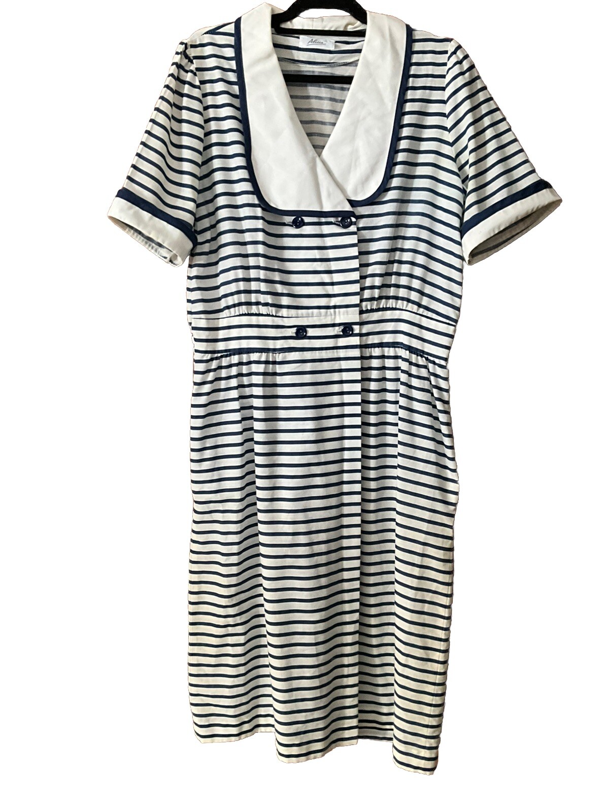 Vintage ALICIA Double Breasted Navy White Stripe Cotton House Dress Size 16
