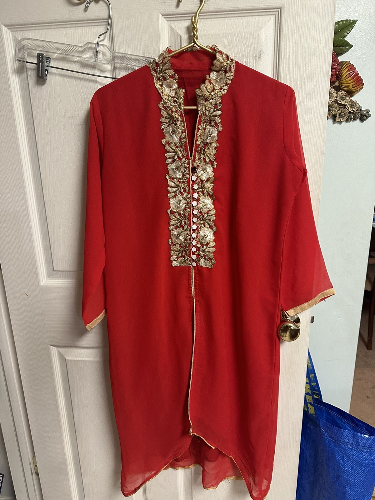 Red Tunic Womens Med/ Large Lace 90s Sheer Mini Dress Bell Sleeve Caftan Coverup