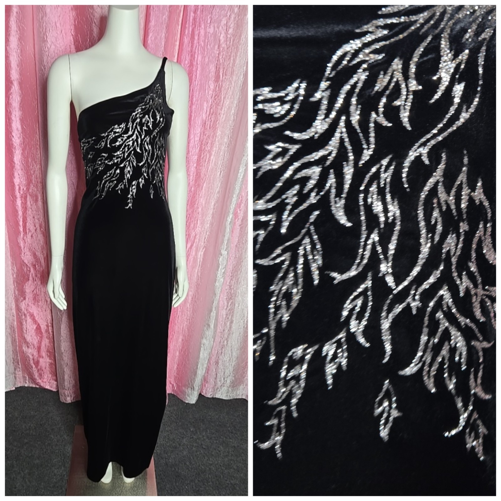 Vintage 90’s Y2K Black Velvet One Shoulder Glitter Whimsigoth Dress Size Medium