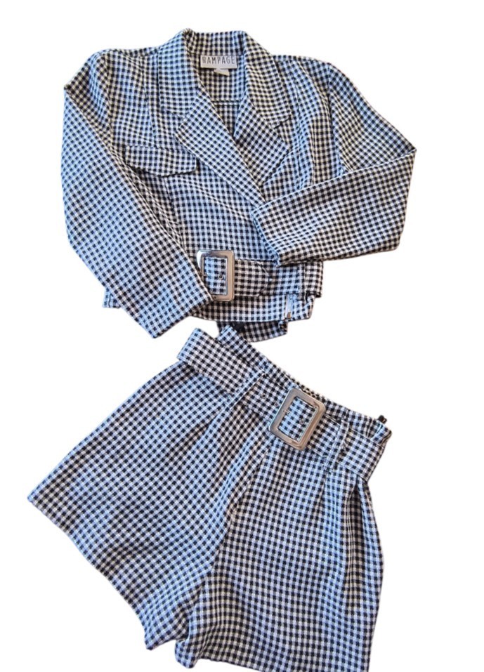 Vintage 1980s Co-Ord Preppy Cropped Blazer W/ Belted High Waist Shorts
