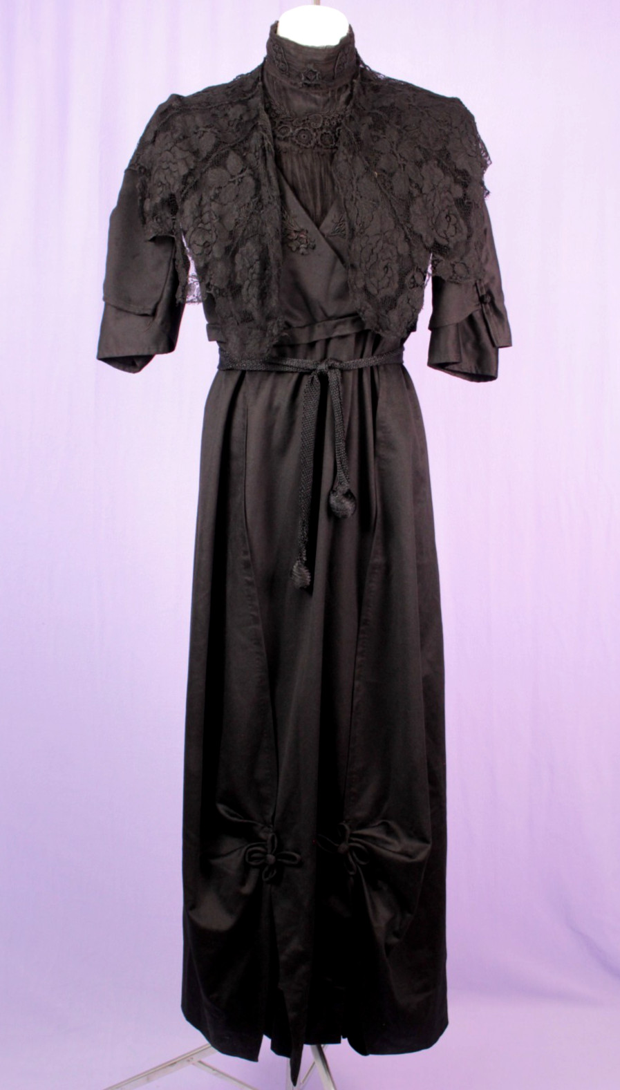 VTG Women’s Antique Late 1800s Black Mourning Dress W/ Lace Shawl & Tassels XS/S