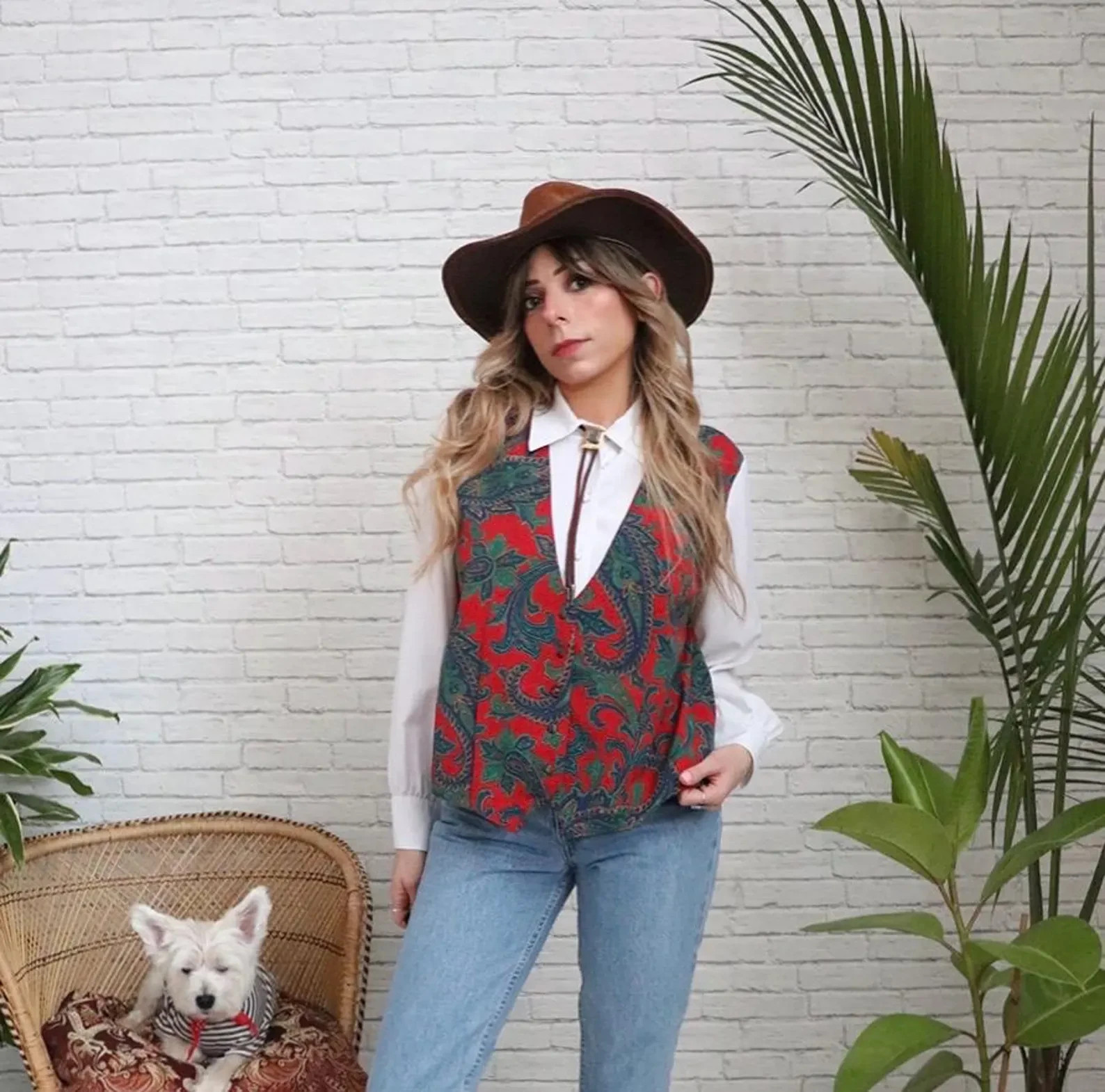 80s Festive Vest Blouse | Medium Size | Vintage Red Paisley Waistcoat And Shirt
