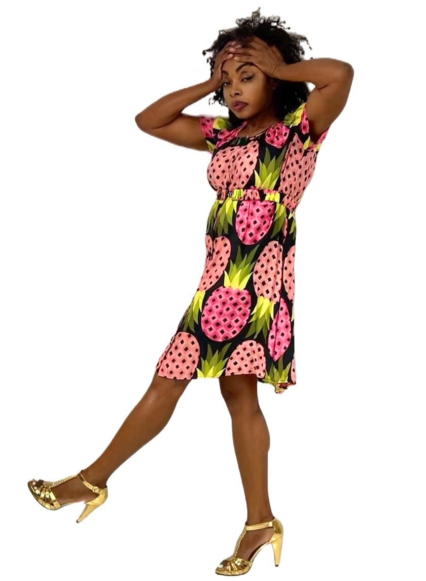 VTG Marimekko Samu Jussi Koski Pineapple Print Cotton Dress Mod Shift S M 2000s