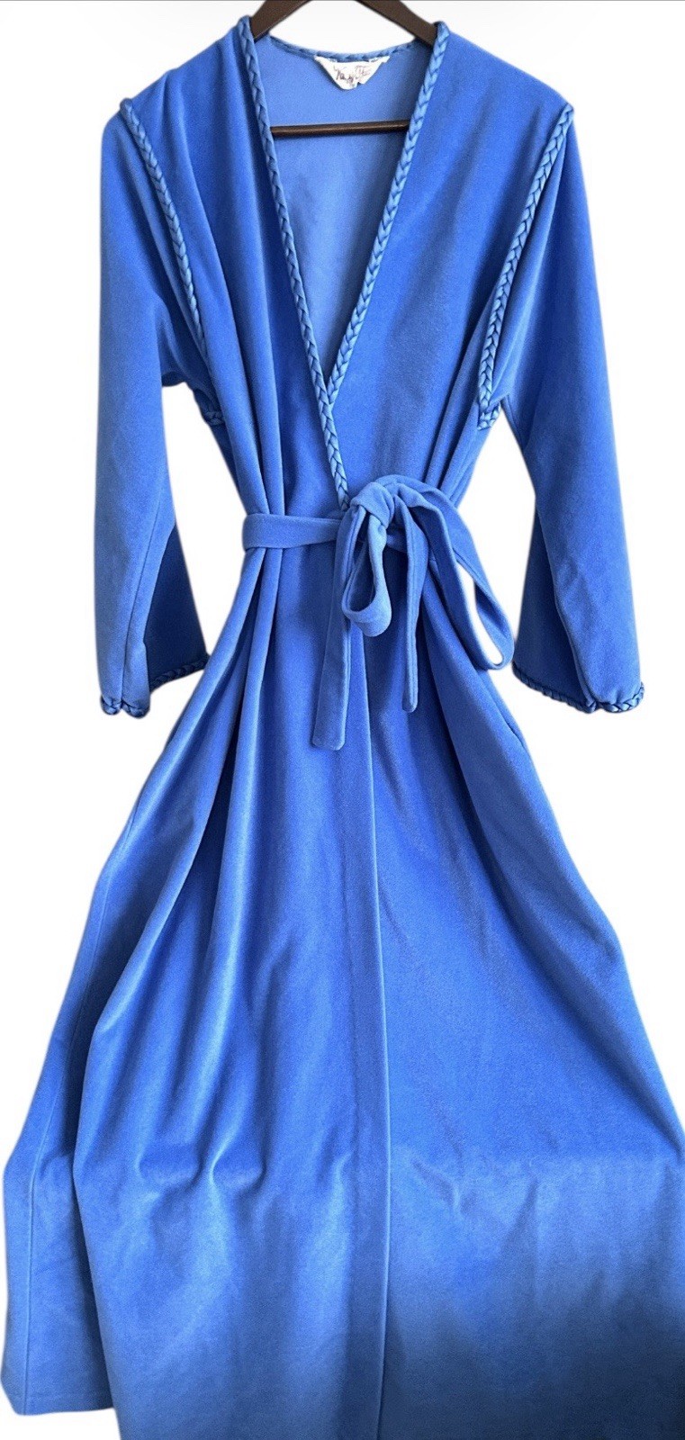 Vintage Vanity Fair Floor Length Blue Dacron Robe w/ Braided Trim Sz Medium MINT