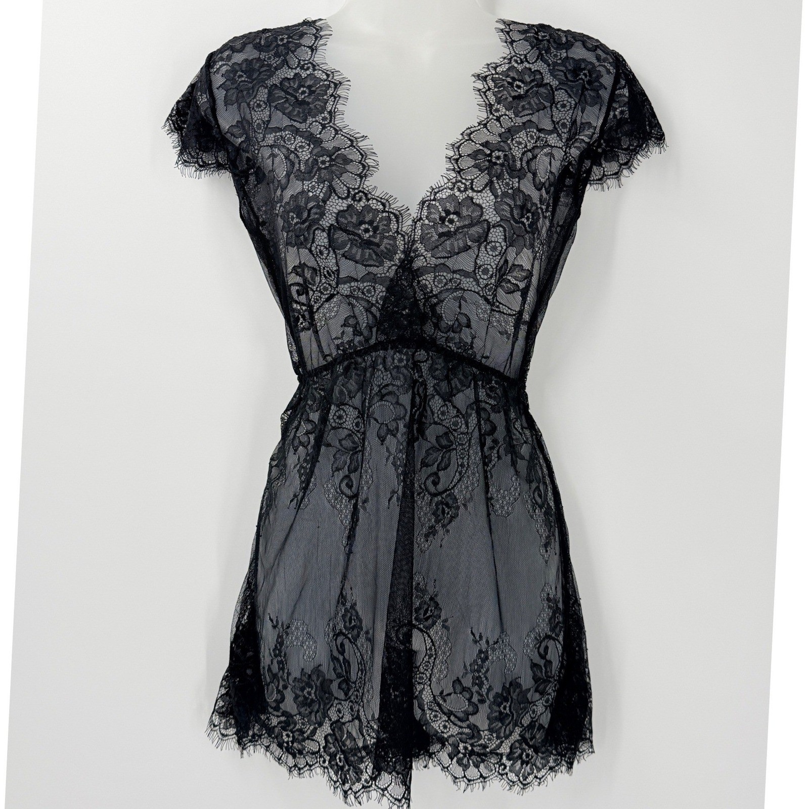 Whimsigoth Goth Black Floral Victorian Lace Sheer Babydoll Top Eyelash Trim sz L