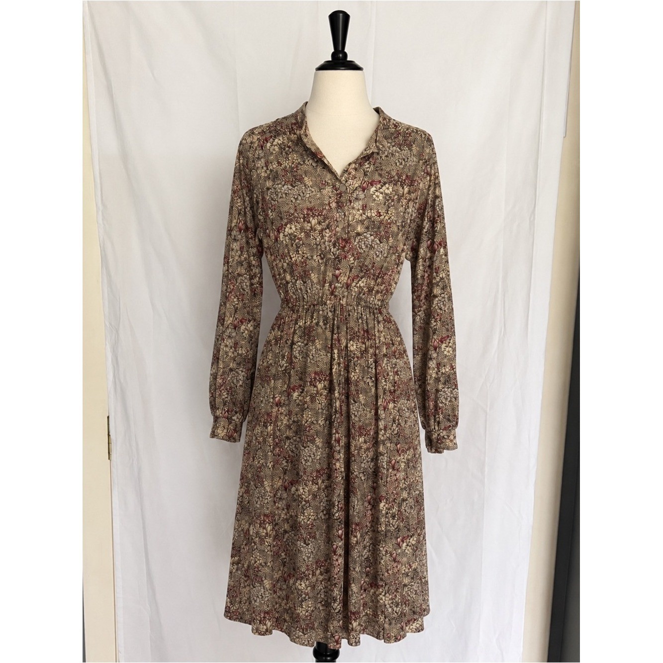 Vintage 70s 80s Floral Midi Dress ILGWU Union Made Prairie Boho Sleeve Size 13
