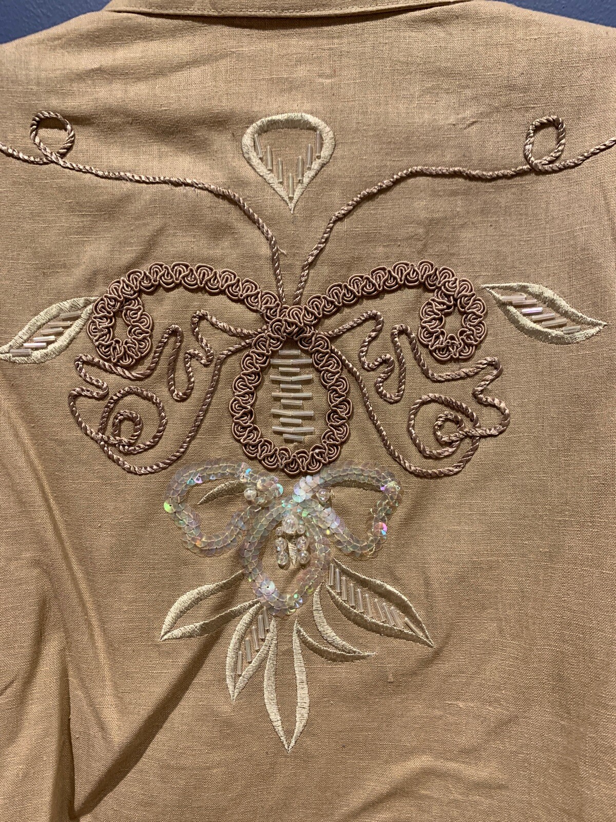 Womens Medium Linen Blend Jacket Blazer Embellished, Vintage Adolfo, Tan, NWT