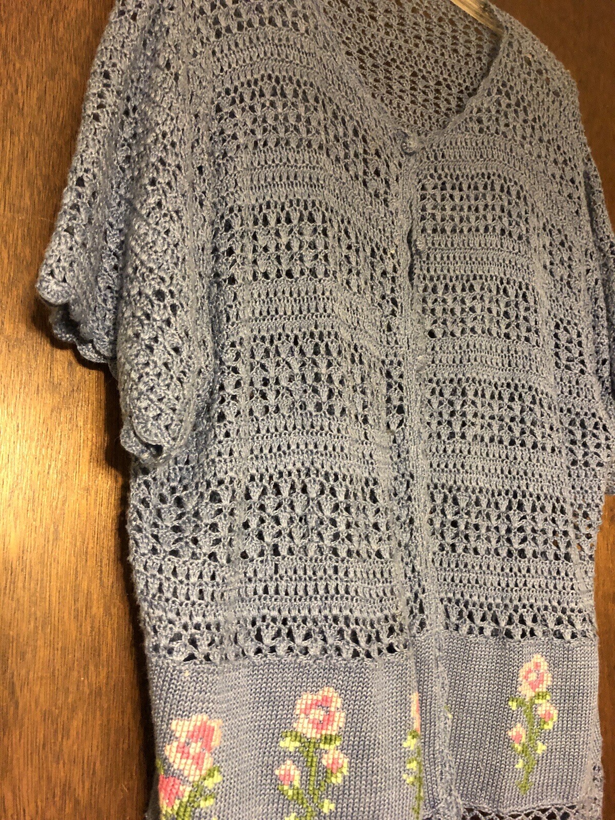 Womens Size XL Blue Short Sleeve Crochet Knit Sweater 27 Length Cotton Button Up