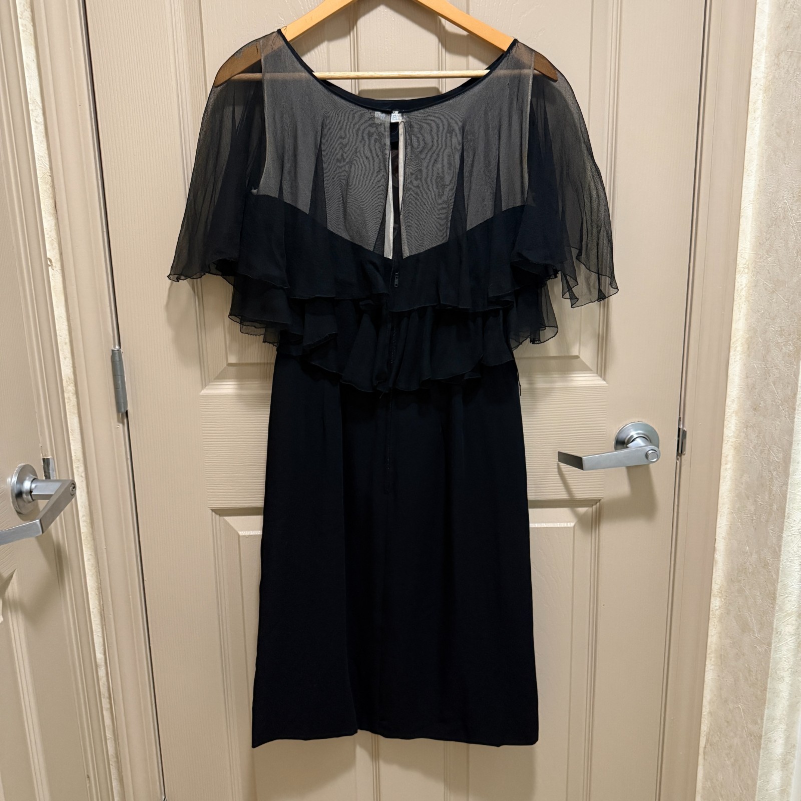 Vintage 60s Black Sheer Flutter Sleeve Cape LBD Sheath Cocktail Dress S/M