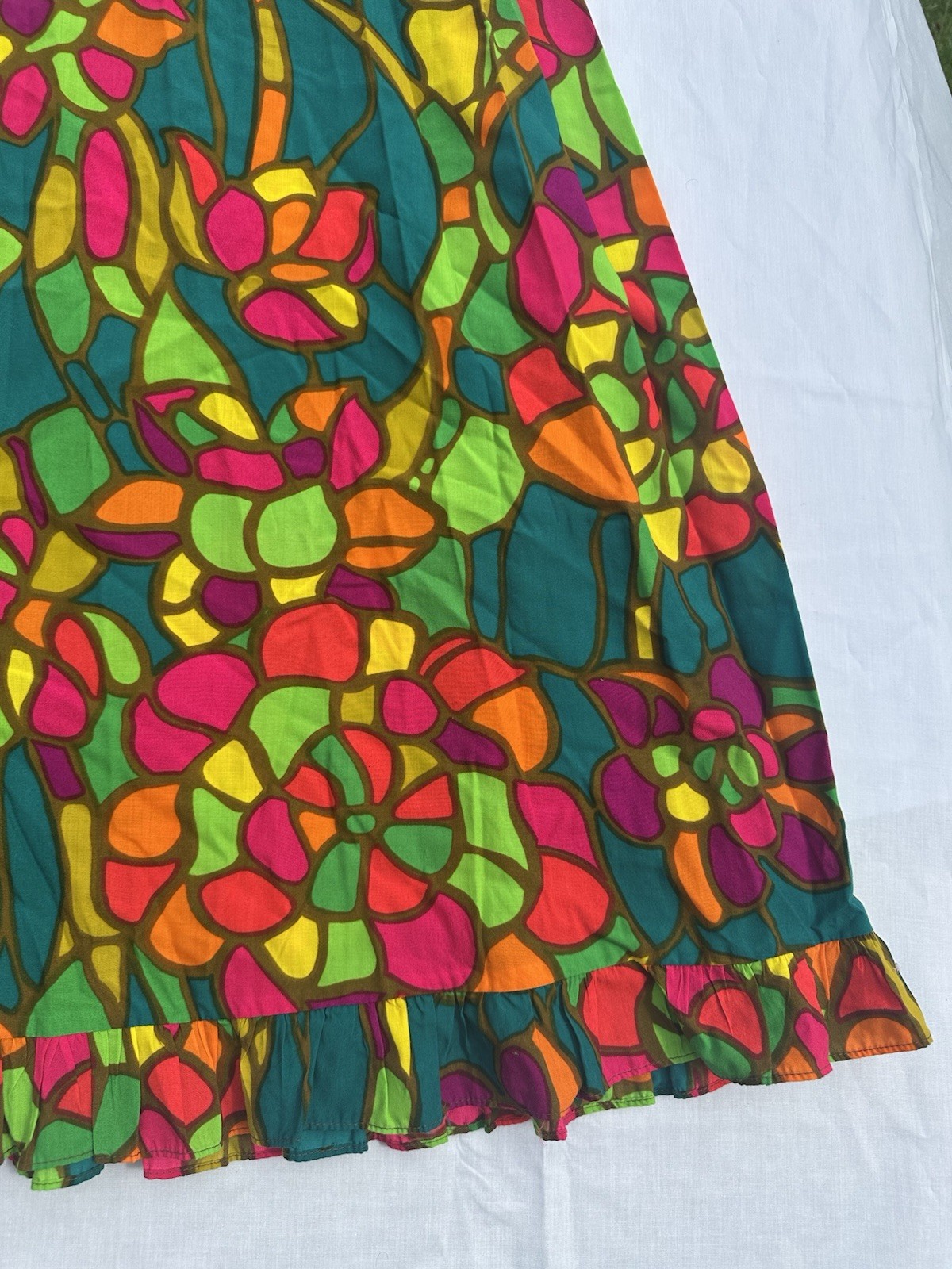 Vintage 1960s Mod PSYCHEDELIC Hawaiian NEON Tiki Dress Maxi Kaftan Cotton 1970s