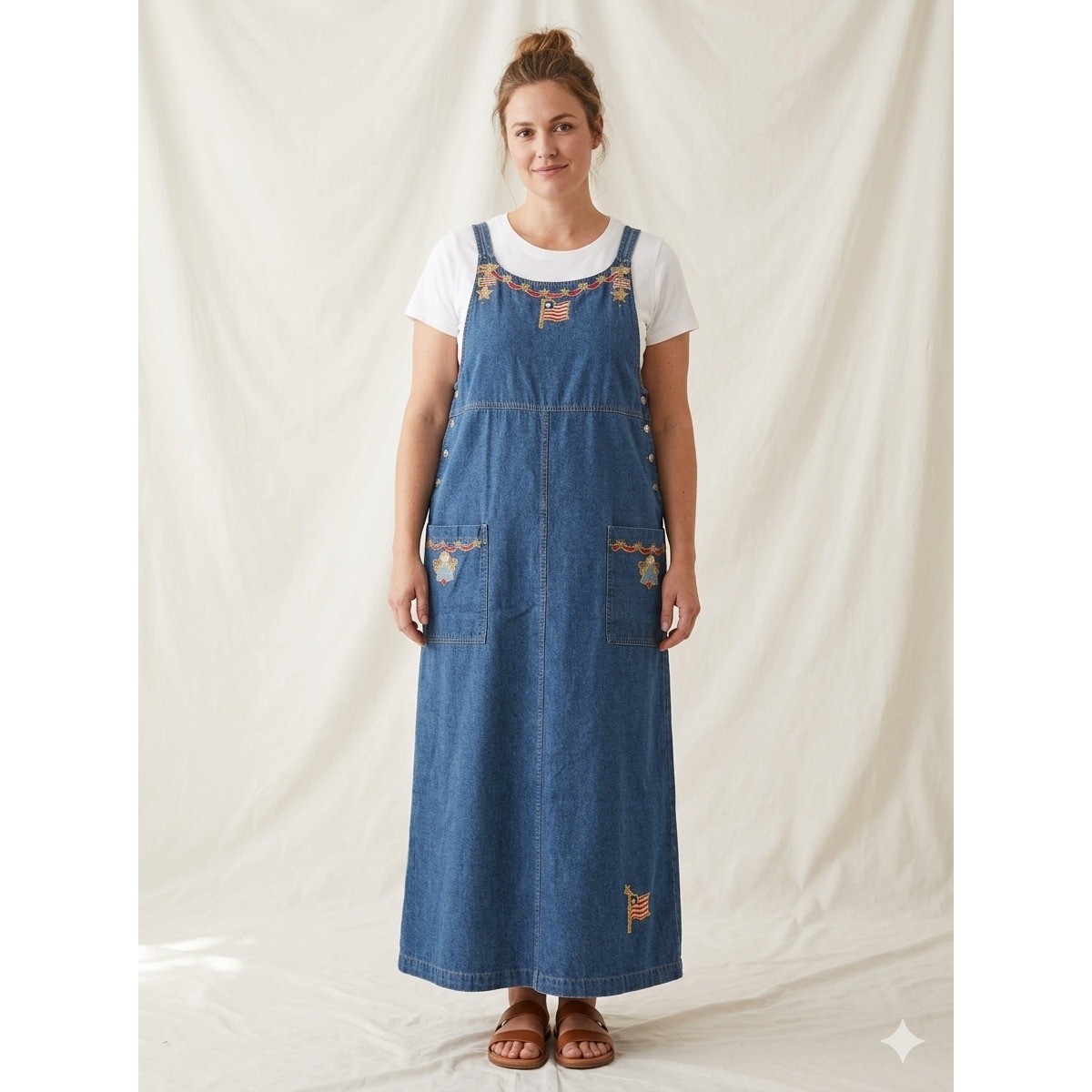 Vtg Basic Editions M Denim Jean Maxi Dress Blue Embroidered Flag Angel Patriotic