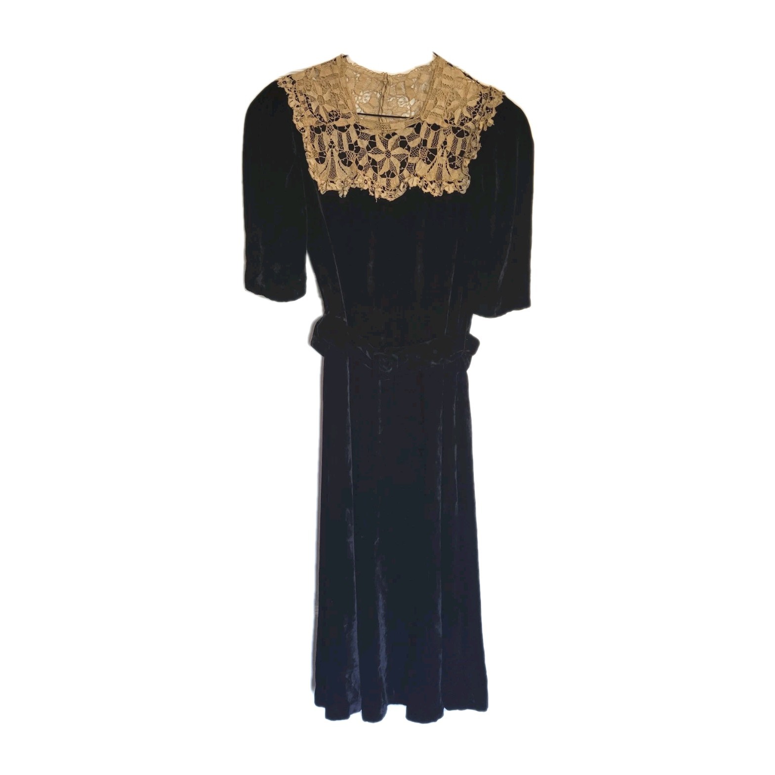 Antique 1920s Black Velvet Dress Lace Collar & Buttons Midi Size Small-Medium